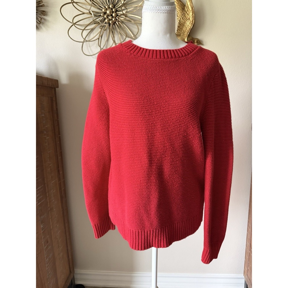 J Crew Womens M Red Cotton Wool Blend Garter Knit Crewneck Pullover Sweater